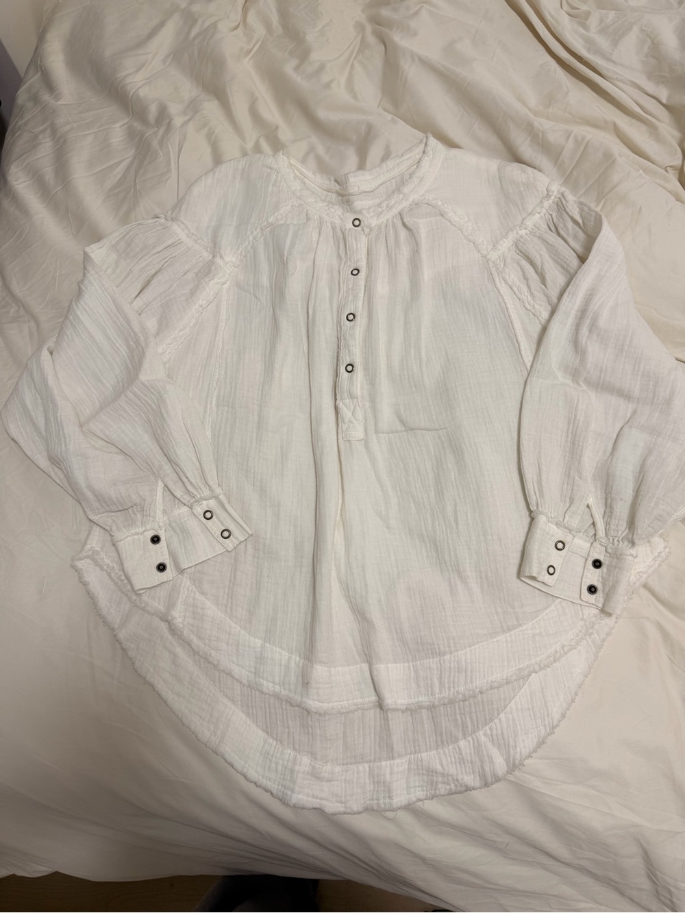 Free People White Long-Sleeve Gauze Blouse with Button Front